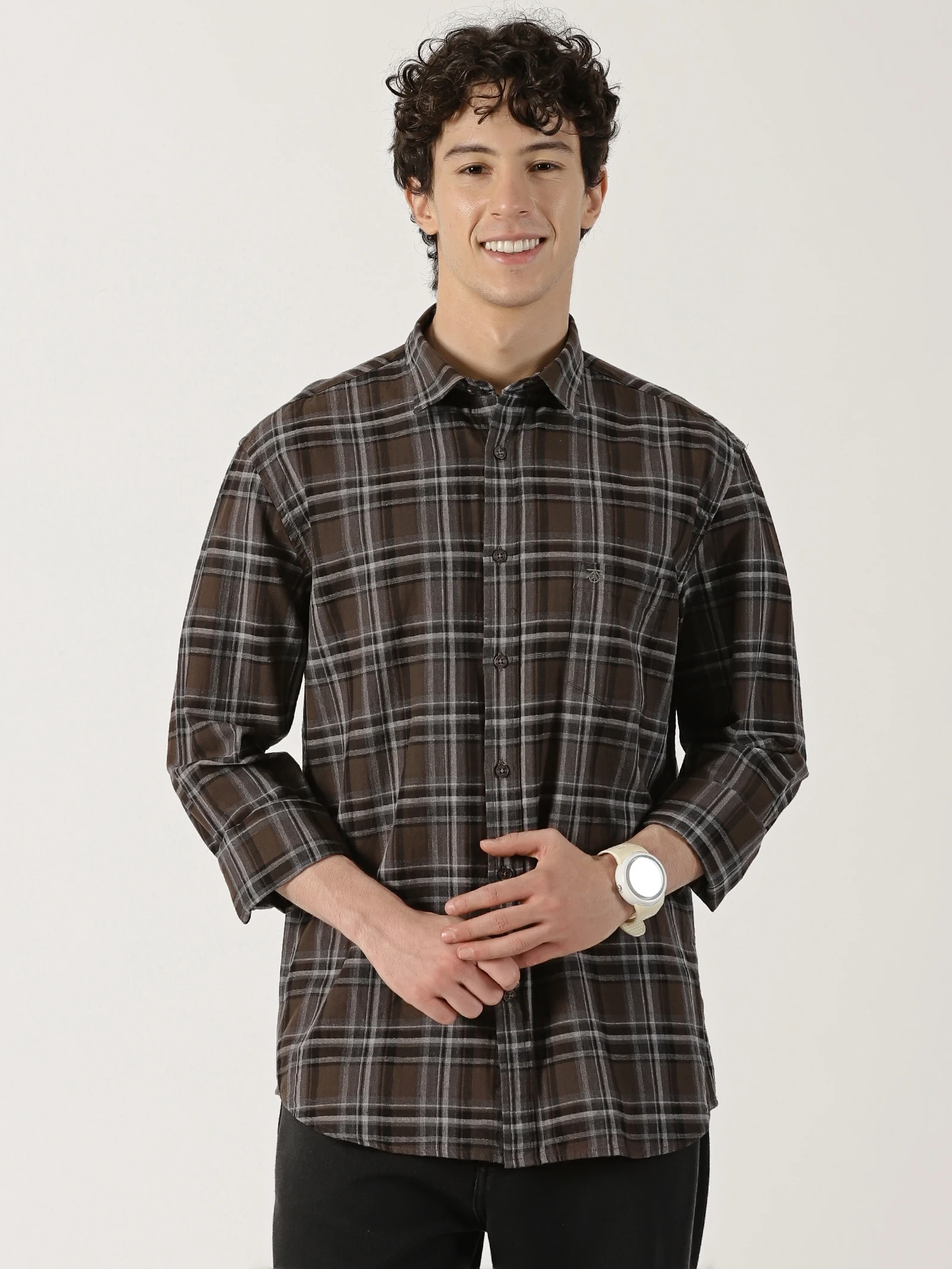 Brown shirt featuring a combination of black and White check lines