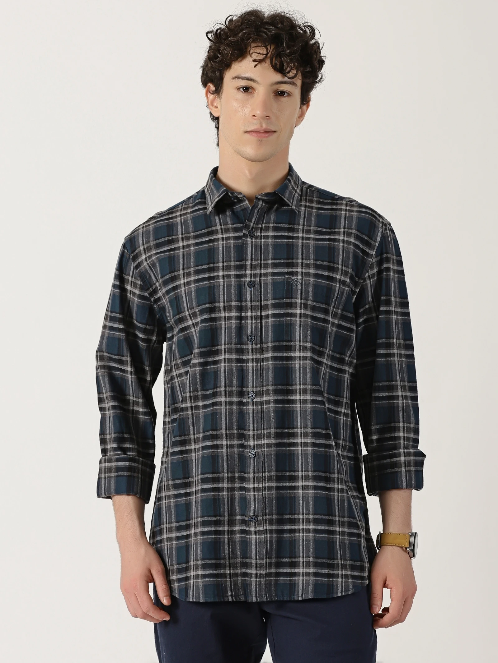 Blue shirt featuring a combination of black and White check lines