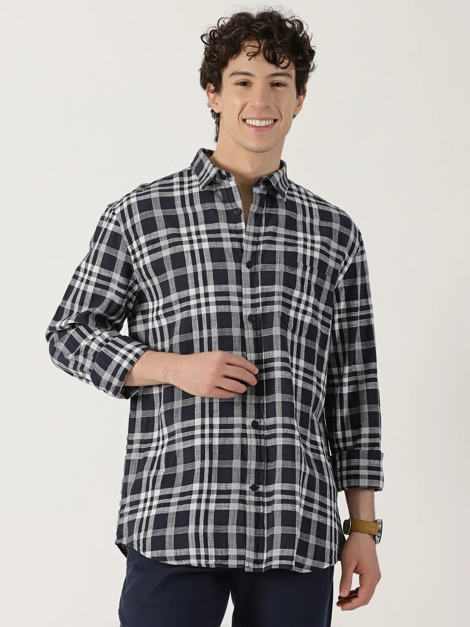 Blue shirt featuring a combination of  White check lines