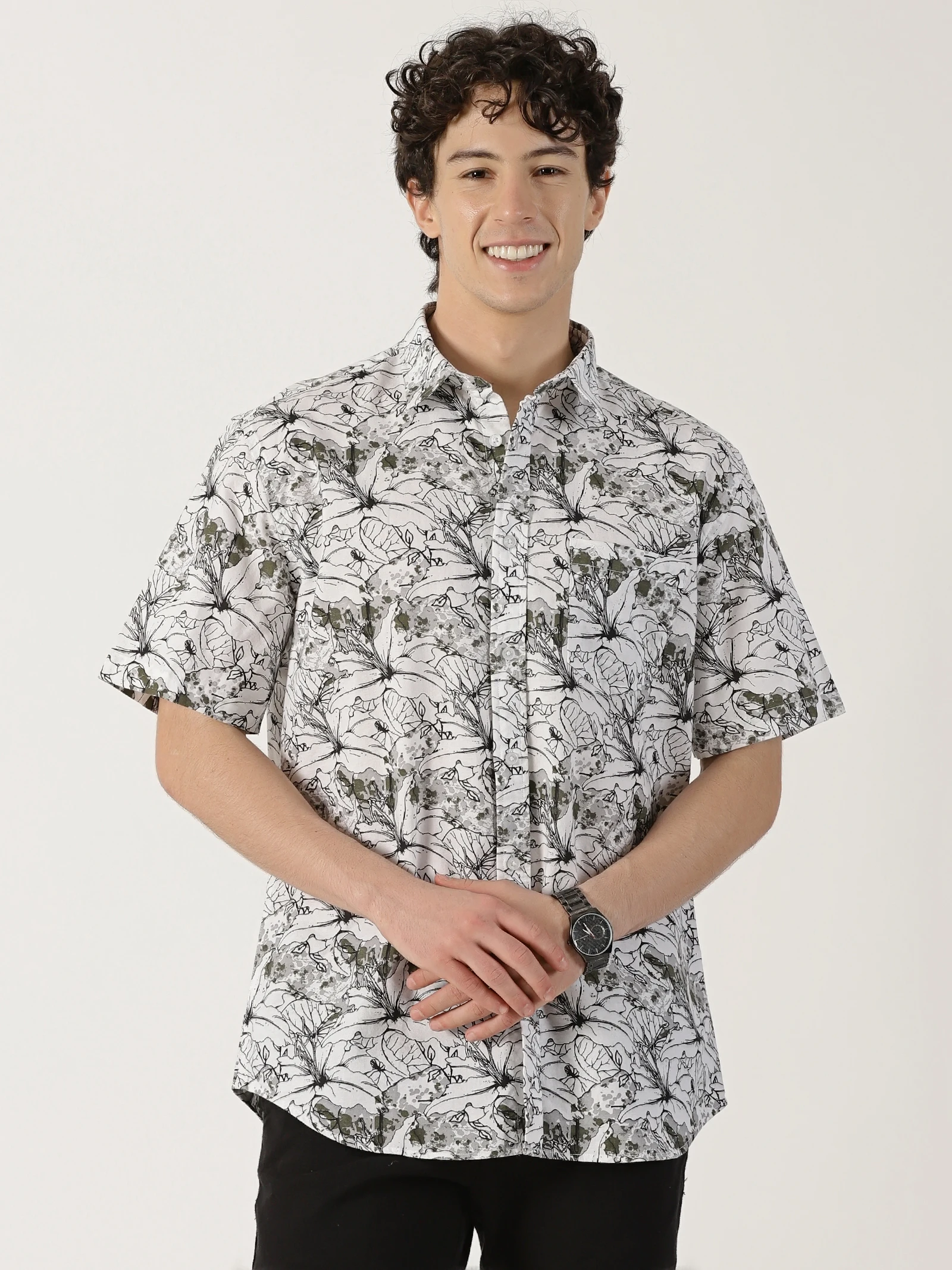 Men’s White Botanical Sketch Short Sleeve Shirt