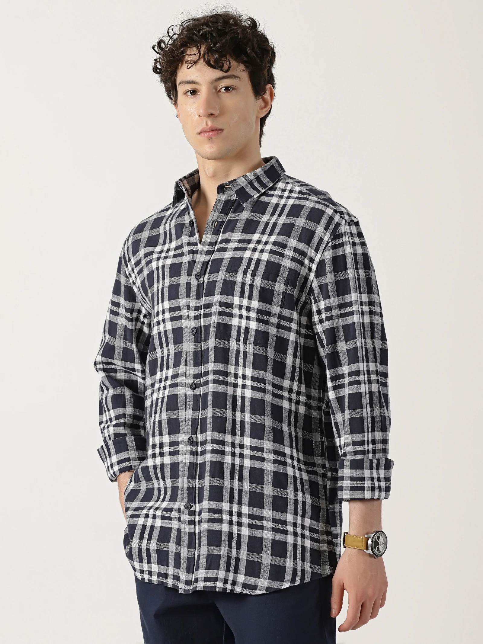 Blue shirt featuring a combination of  White check lines