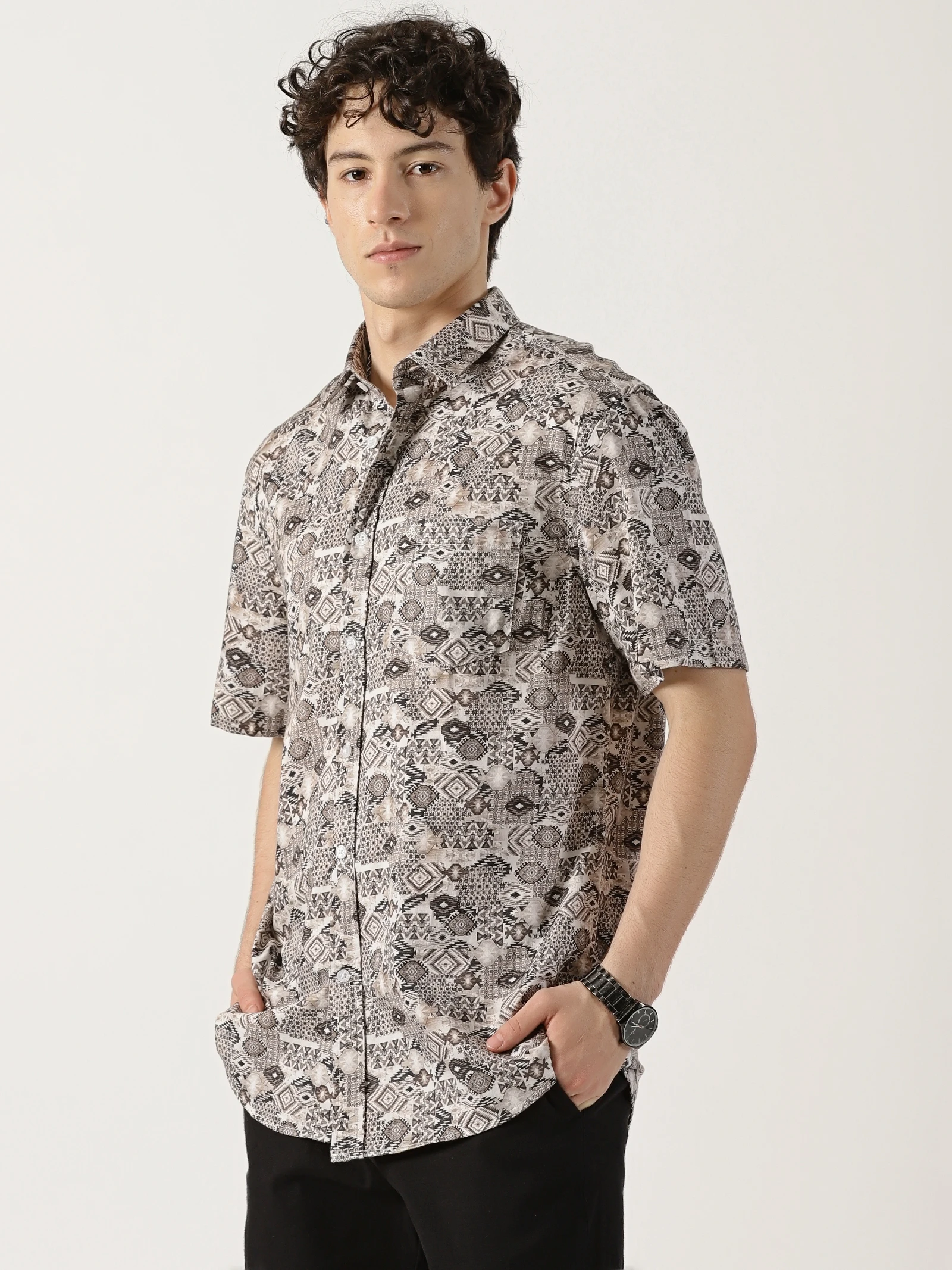 Men’s Beige Geometric Aztech Print Short Sleeve Shirt